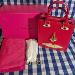 Schiaparelli Face Bag Red Calf Leather With Gold Chain Strap.